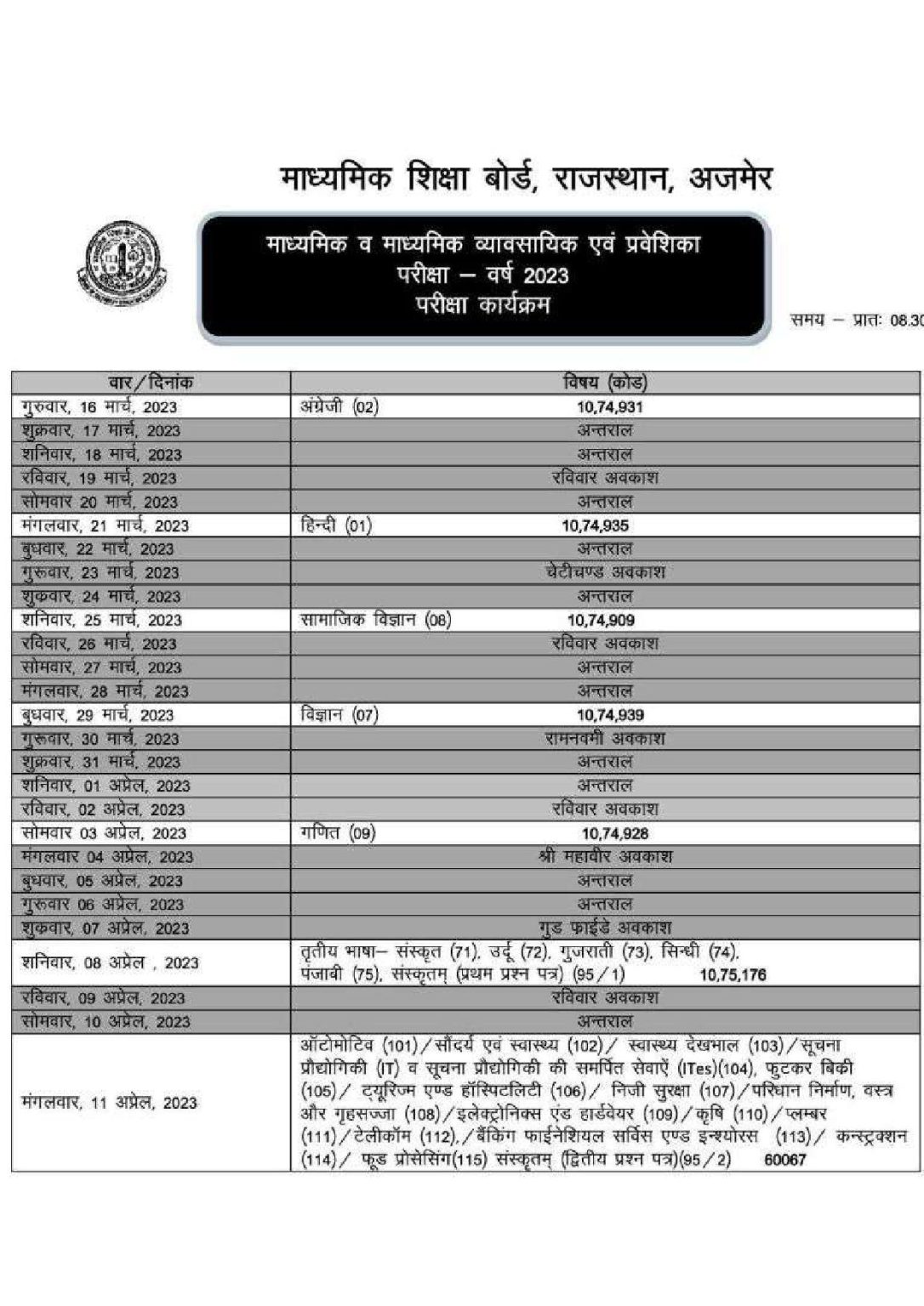 RBSE 10th Time Table 2024 Download Rajasthan Board 10th Exams